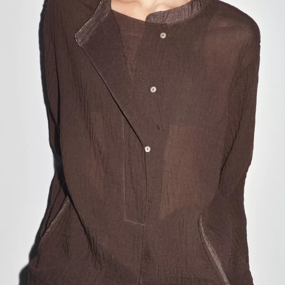 NWT Zara Textured Oversized Button-Front Linen Blend Blouse In Brown - XS/S - Picture 4 of 9